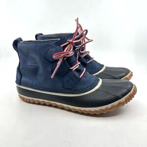 Sorel Out N About Leather Rain Boots Women's 7.5 Blue/Black Lace-Up Ankle NL2339